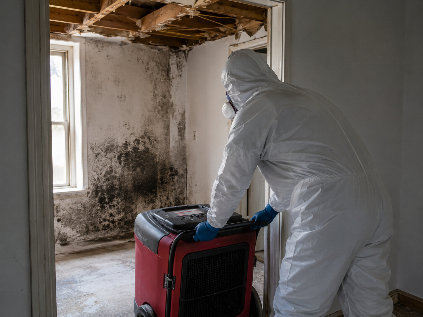Technician performing mold remediation in a containment area